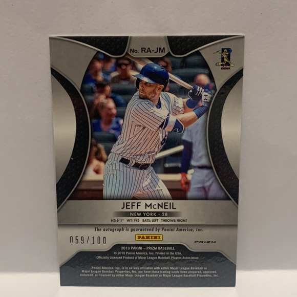 2019 Panini Prizm Carolina Blue /100 Jeff McNeil #RA-JM Rookie Auto (MISC6) - Picture 2 of 2